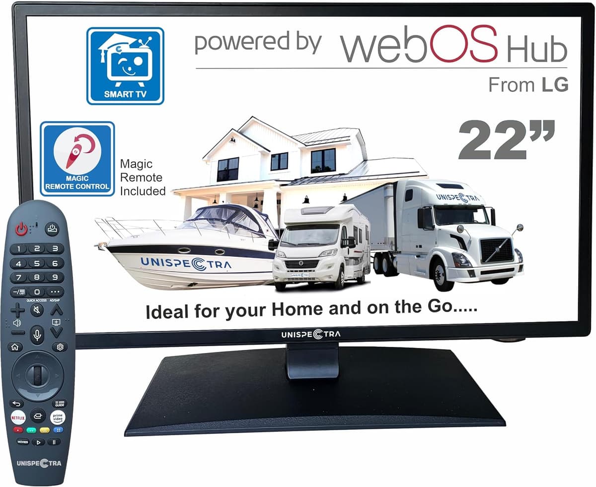 Unispectra WebOS Smart TV 22" 12 V ELED Full HD 240 V TV Freeview & SAT Tuner 3 x HDMI, 2 x USB, Magic Remote. Téléviseurs pour camping-cars, caravanes, camions et camionnettes