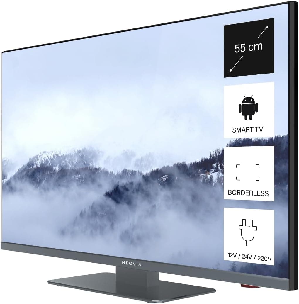 Smart TV 22" (55 cm) Borderless - Android Connecté Internet WiFi avec Bluetooth - 12V/24V/220V - Camping Car Camion Fourgon Poids Lourd Caravane Bateau Cuisine - Garantie 2 Ans