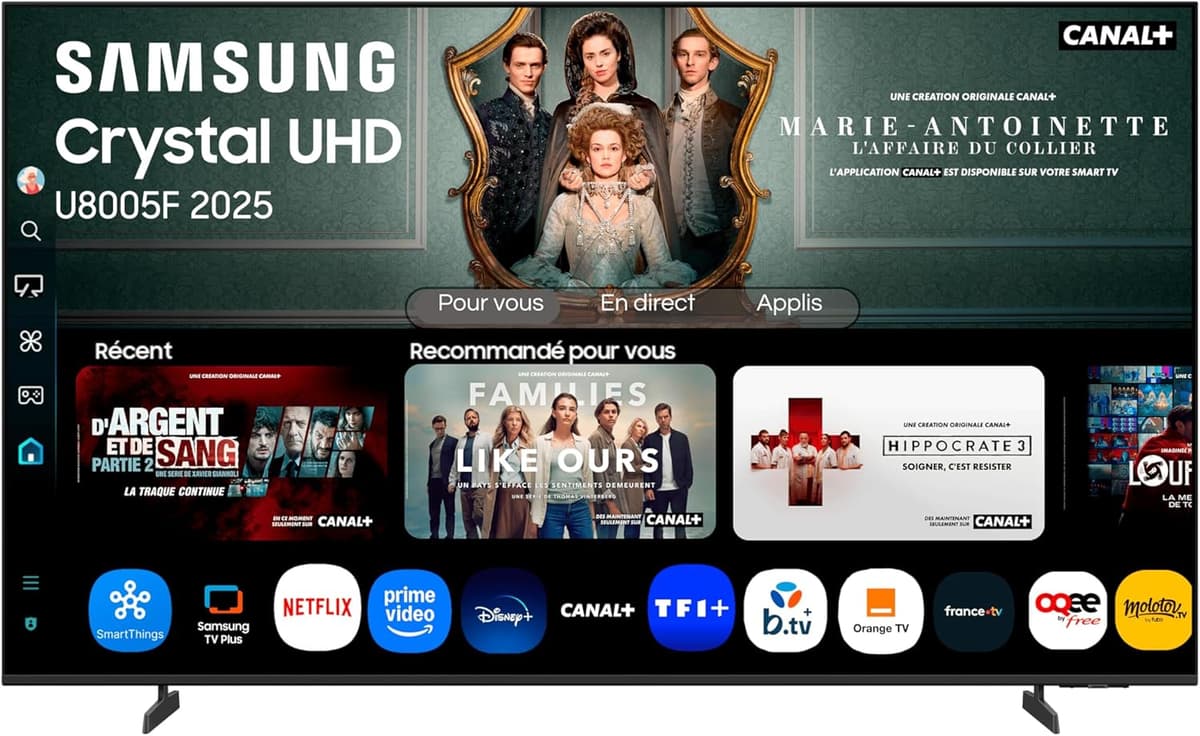 Samsung TV 50 Pouces Crystal UHD 50U8075F 4K Smart TV, Bluetooth, WiFi, Airplay, Crystal Processor 4K, HDR, Q-Symphony, Knox Security, Gaming Hub, Bixby, Applications opérateurs intégrées