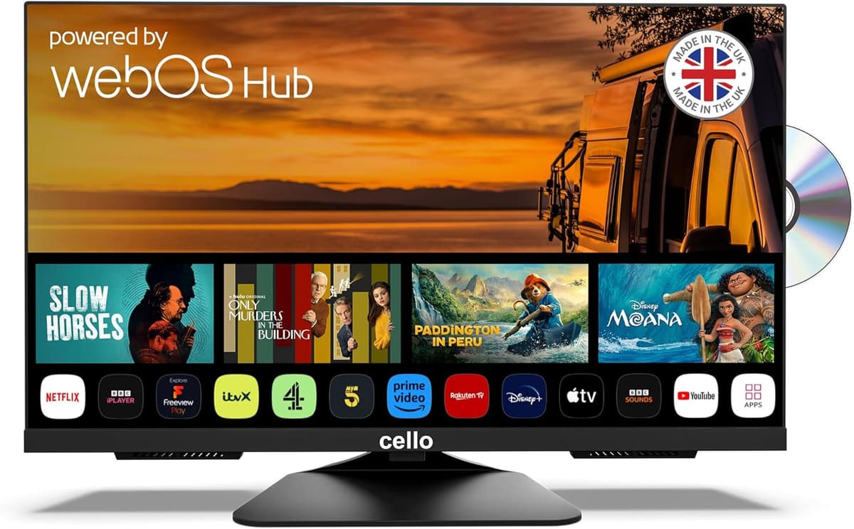 Cello C2425WSF Trav 24'' 230V/12V TV Full HD Smart/DVD, Triple Tuner sans Cadre, Bluetooth, WebOS LG, Haut-Parleur Pitch Perfect pour Camping-Car/Camion